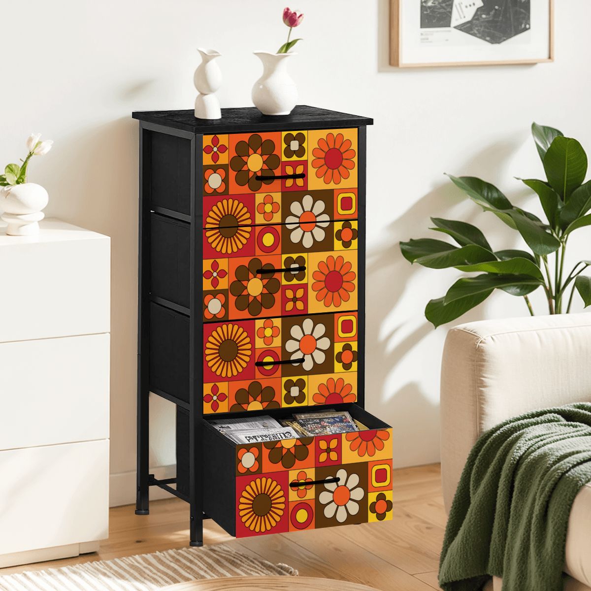 Retro 70s Mod Floral Orange Brown Yellow Mid Mod Hip 4-Drawer Dresser - Mid Century Modern Gal