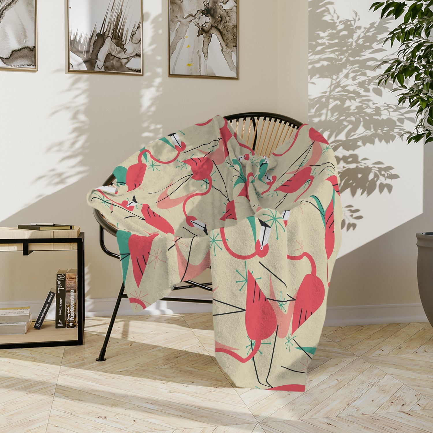 Palm Springs Mid Mod Tropical Flamingo Velveteen Blanket - Cozy Retro Kitsch Lightweight Throw - Mid Century Modern Gal