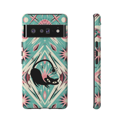 Atomic Cat, Mid Century Modern Aqua Blue, Pink, Starbursts Tough Phone Case