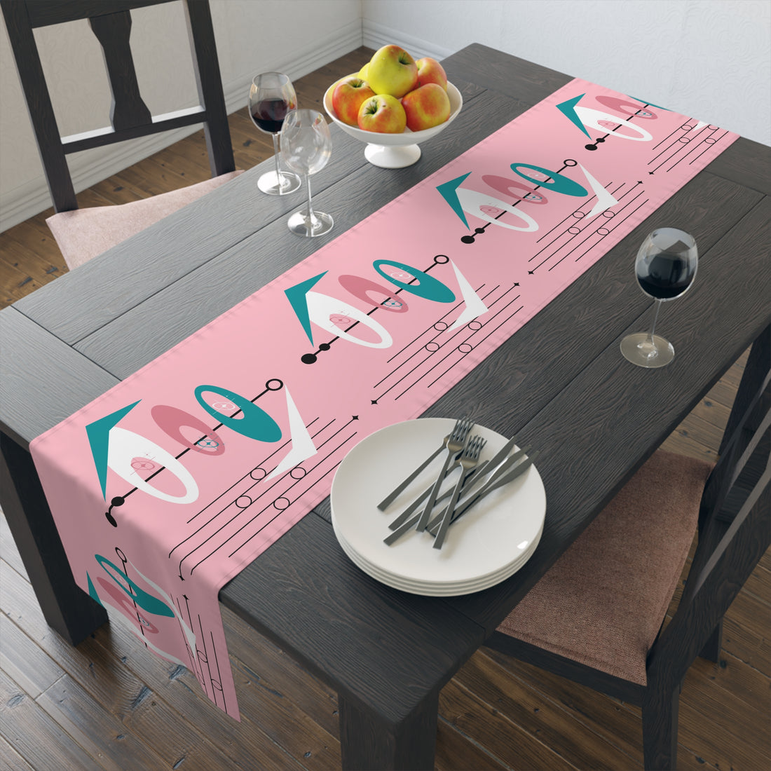 Atomic Pink, Teal Mid Century Modern Abstract Table Runner - Mid Century Modern Gal