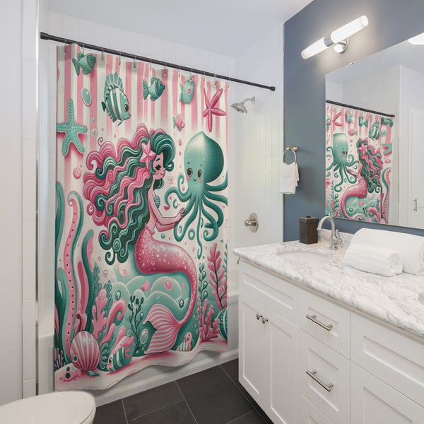Vintage Mermaid Kitschy 50s Style, Pink, Mint Mid Century Modern Shower Curtains