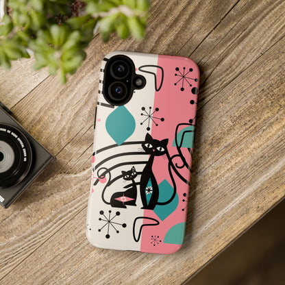 Mid Mod Atomic Cat Boomerang Starburst, Pink, Black Kitschy Stylish Cat Phone Case: Modern Design for Cat Lovers