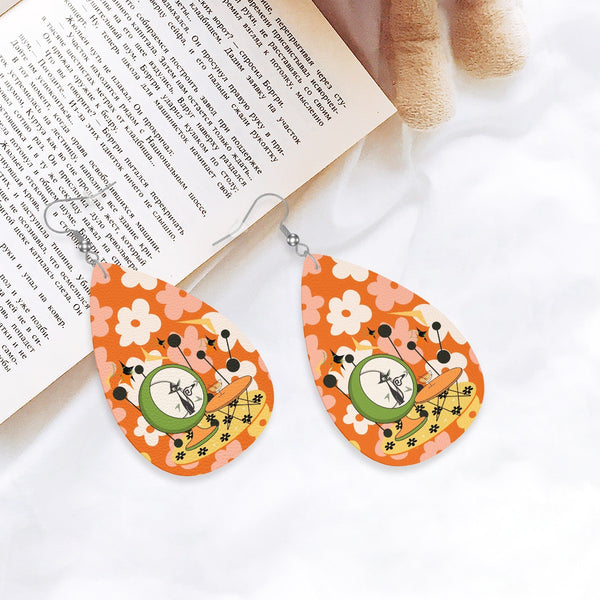 Retro Earrings, 70s Flower Power, Atomic Martini Cat Funky Teardrop Earrings