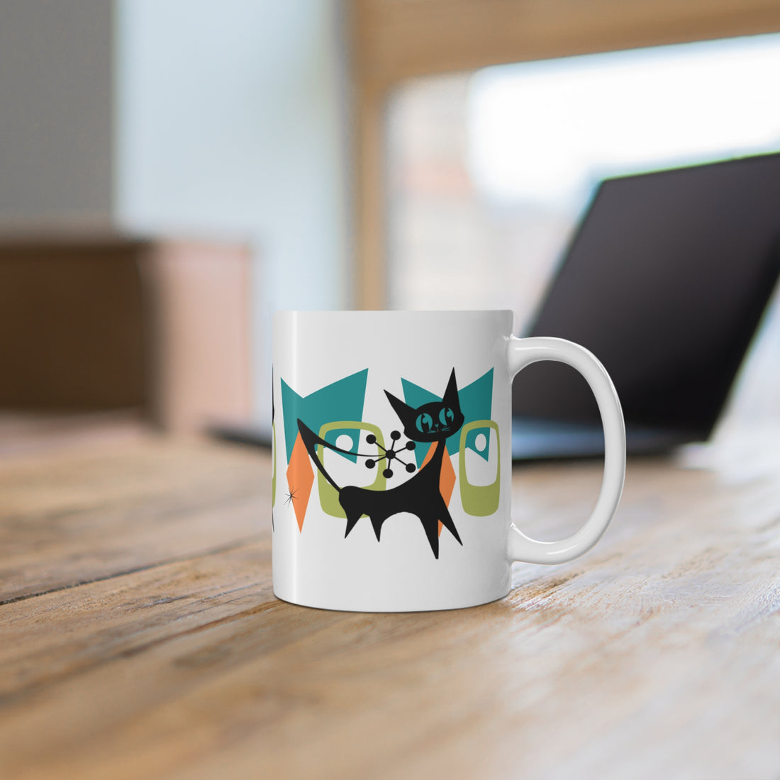 Atomic Cat Mid Century Modern Whimsical Cat Graphic Mug - 11oz Coffee Cup for Cat Lovers - Mid Century Modern Gal