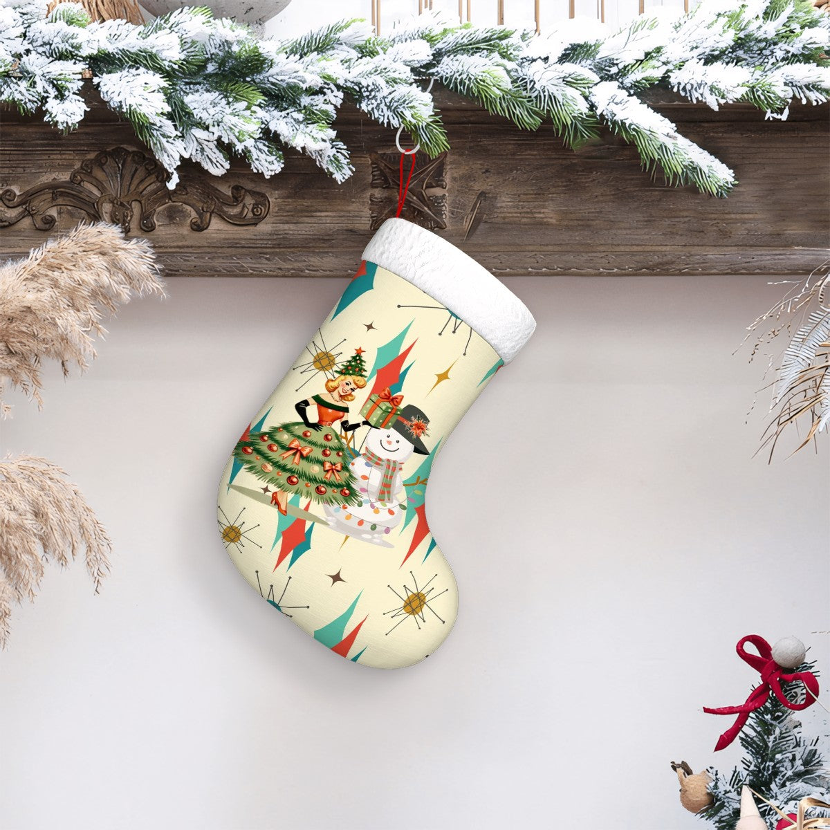 Franciscan Starburst Mid Century Modern Christmas Gal, SnowmanPlush Christmas Stocking - Mid Century Modern Gal