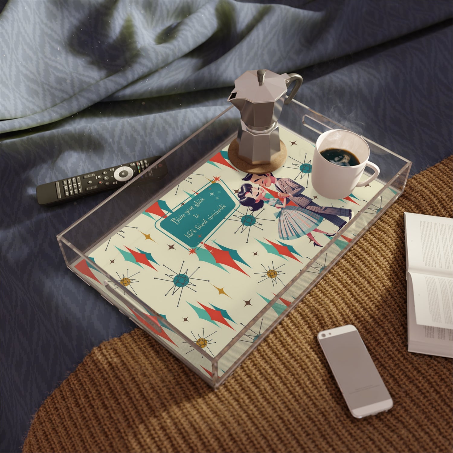 Mid Century Modern Barware, Kitschy 50s Couple, Raise Your Glass Acrylic Serving Tray - Mid Century Modern Gal