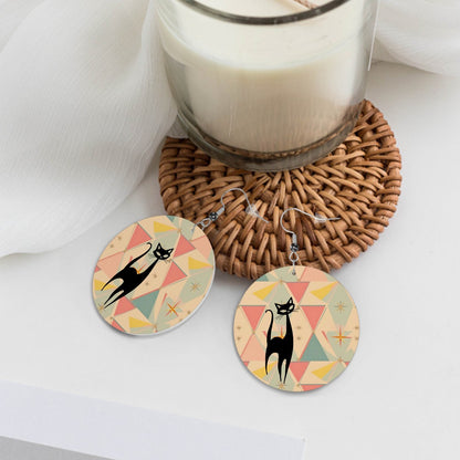 Atomic Cat, Mid Mod Pink Aqua Kitschy Mod Faux Leather Round Earrings - Mid Century Modern Gal