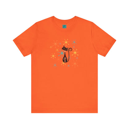 Atomic Cat Mid Century Modern Starburst Whimsical Cat Short Sleeve Tee - Colorful Star Design - Mid Century Modern Gal