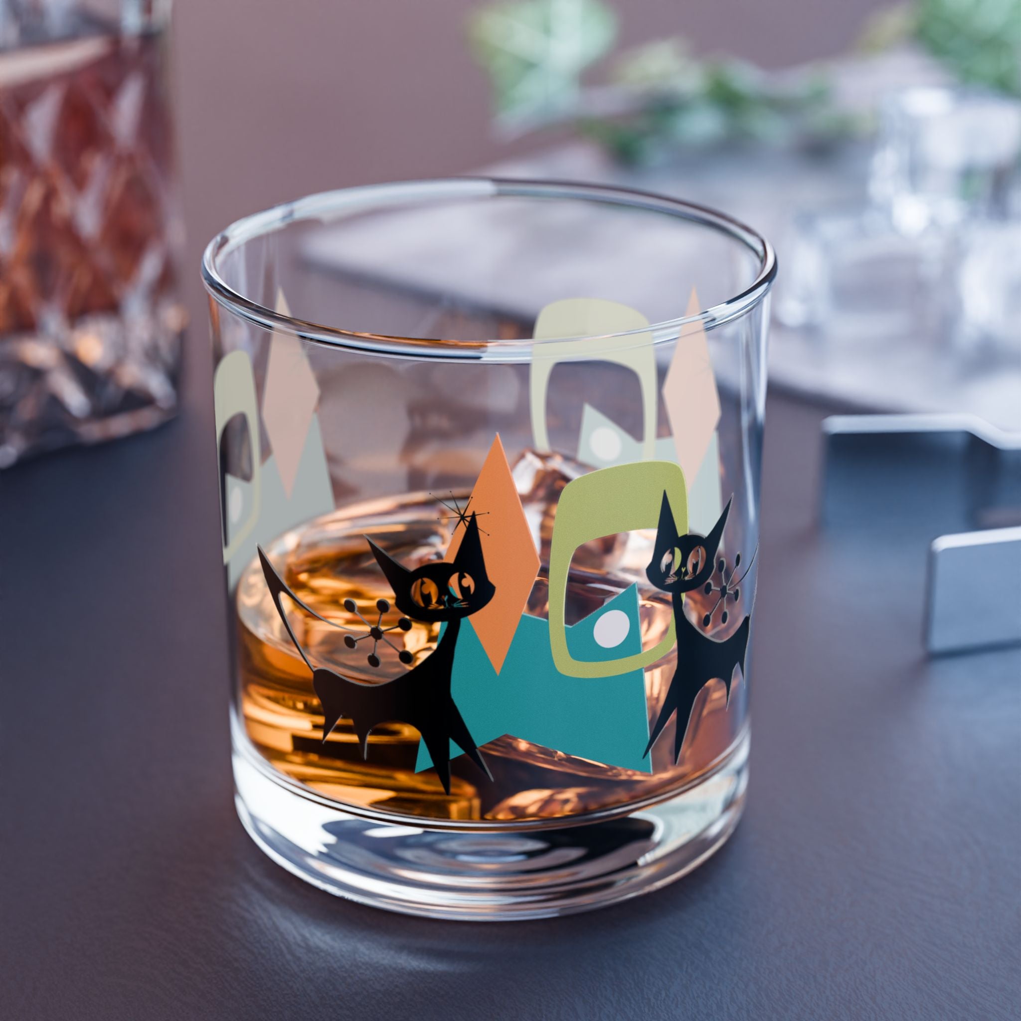 Mid-Century Modern Bourbon Rocks Glass with Cats - Unique Drinkware for Cat Lovers, Home Bar Decor, Gift for Him or Her, Cocktail Glass - Mid Century Modern Gal