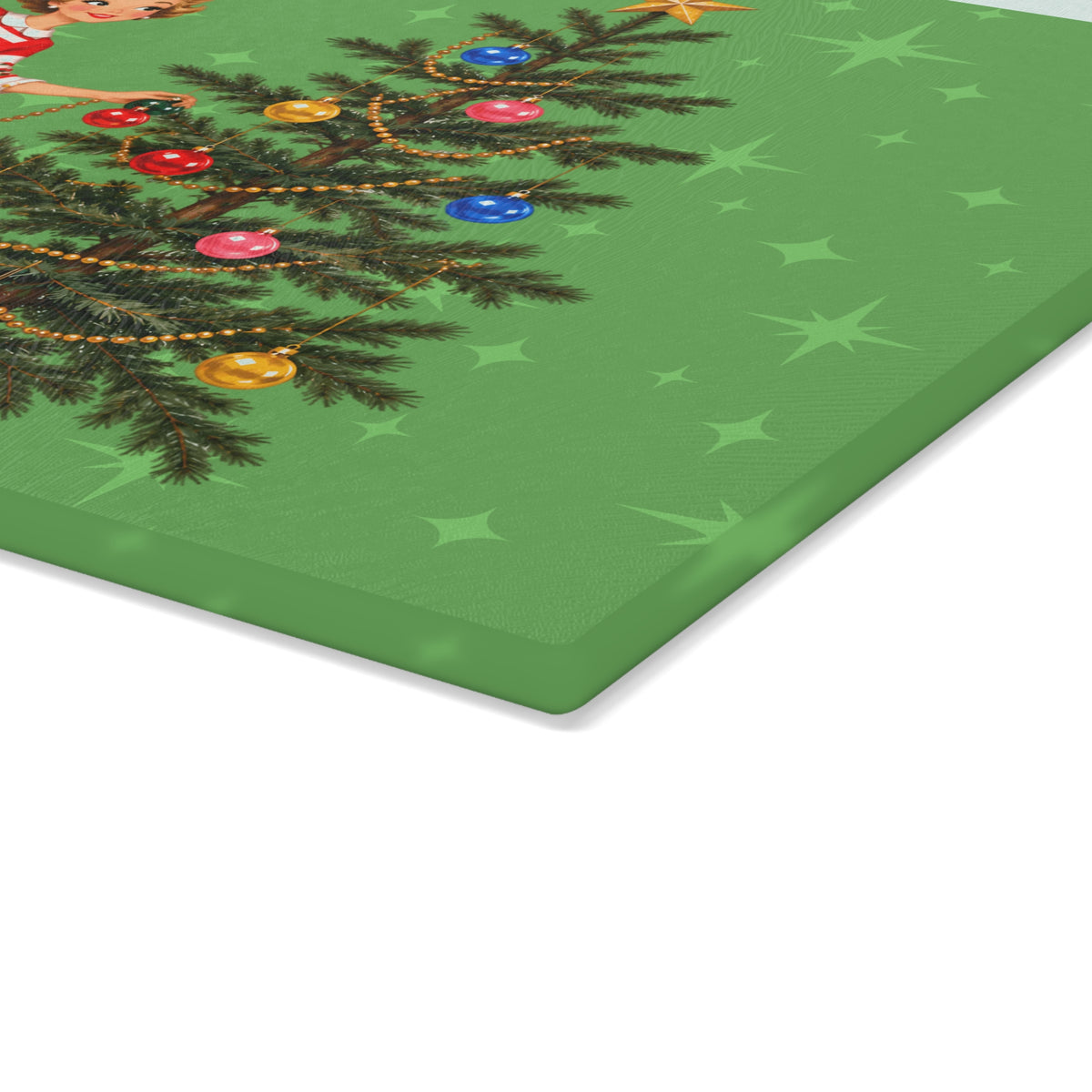 Mid Century Modern Gal Decorating Christmas Tree, Green Atomic Starbursts Glass Cutting Board