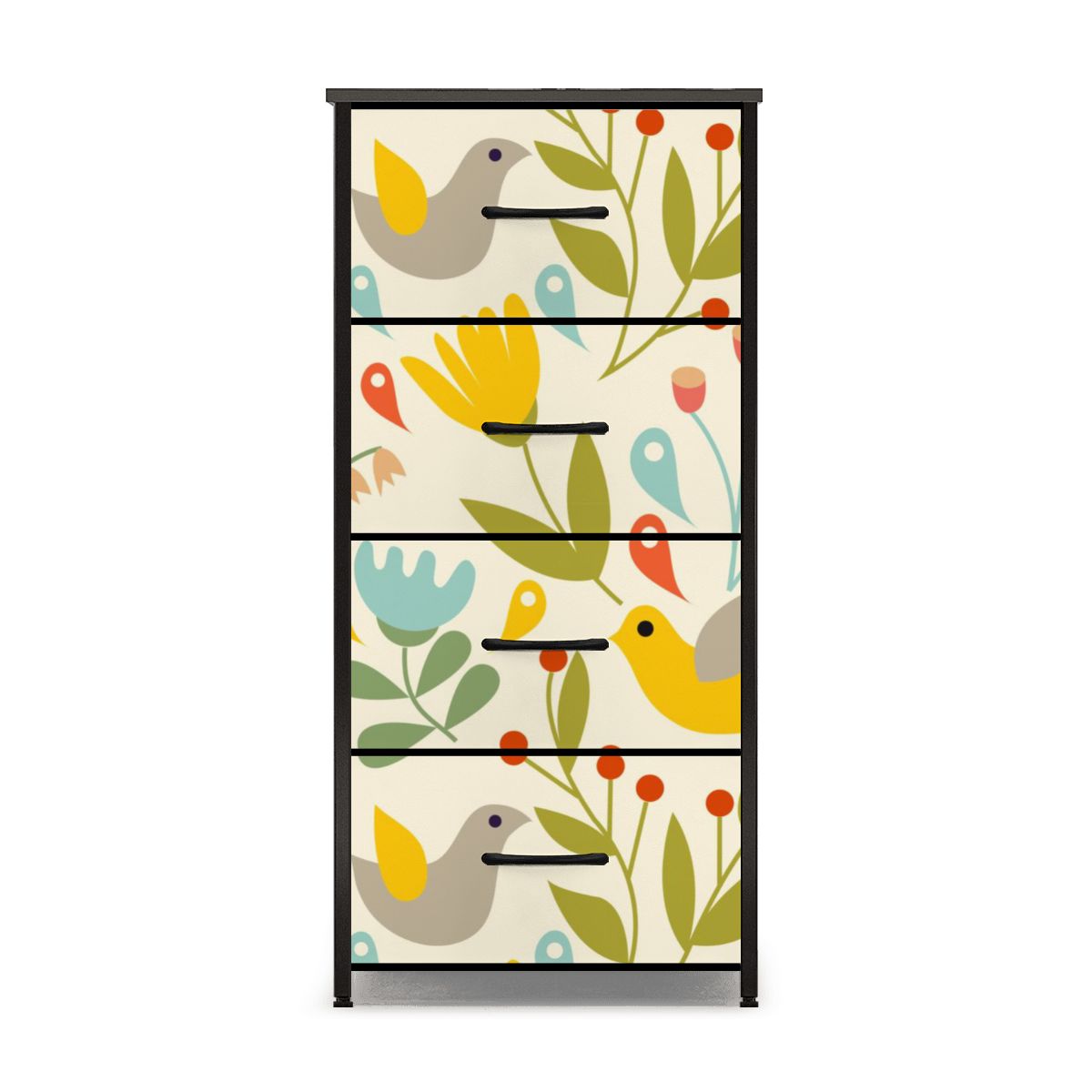 Folk Art, Modern Danish Hygge, Scandinavian, Norwegian, Bird, Floral, Yellow, Orange, Green 4-Drawer Dresser - Mid Century Modern Gal