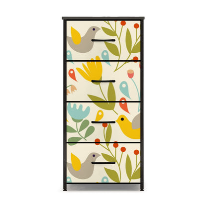 Folk Art, Modern Danish Hygge, Scandinavian, Norwegian, Bird, Floral, Yellow, Orange, Green 4-Drawer Dresser - Mid Century Modern Gal