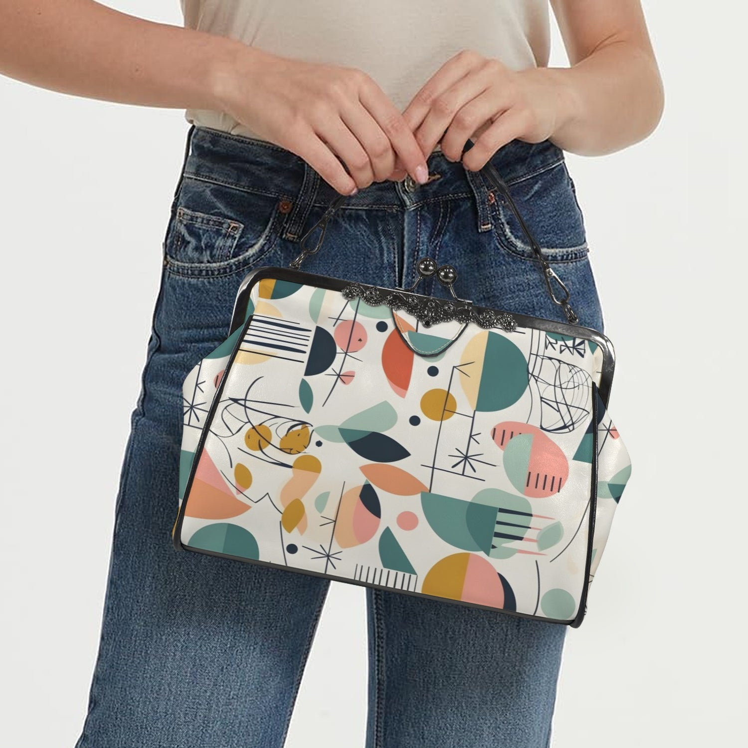 Modern Danish Scandinavian Designed Abstract Mid Century Modern Kisslock Crossbody Purse - Mid Century Modern Gal