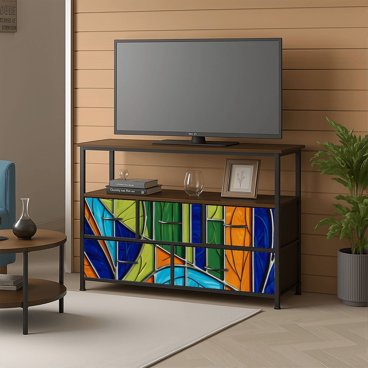 Mid Century Modern Green Blue Orange Purple Faux Stained Glass Designed TV Stand Media Console - Mid Century Modern Gal