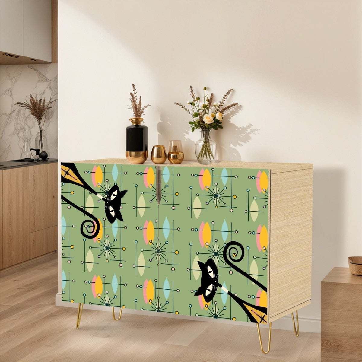 Mid Century Modern Atomic Cats, Green Starburst Retro Mod Wooden Storage Cabinet