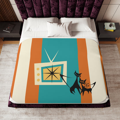 Atomic Kittie Cats, Mid Century Modern Teal, Orange Retro Cozy Cat-Themed Sherpa Blanket - Mid Century Modern Gal