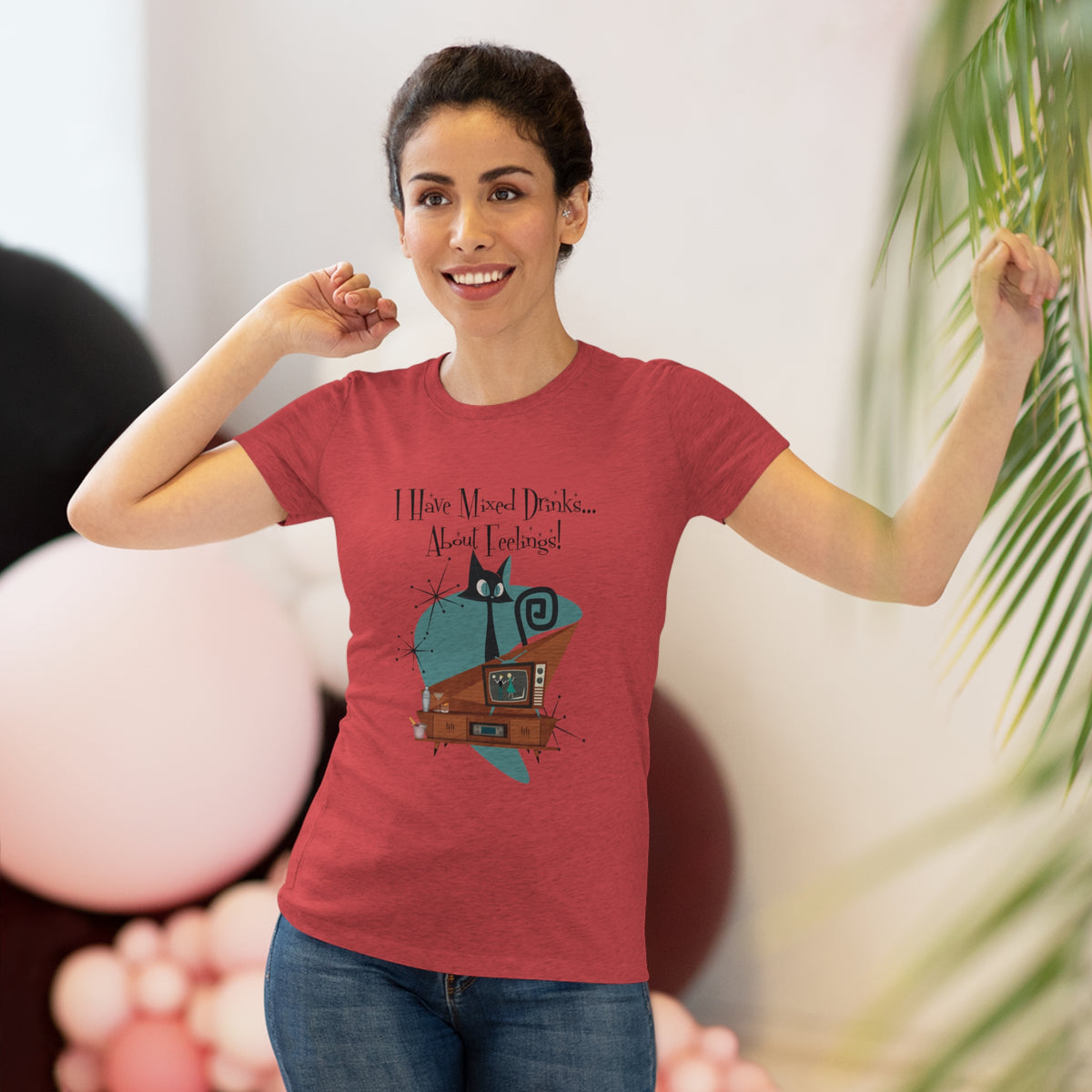 Atomic Kitschy Cat, Funny Cocktail Tee, Mid Century Modern Style Women's Triblend Tee - Mid Century Modern Gal