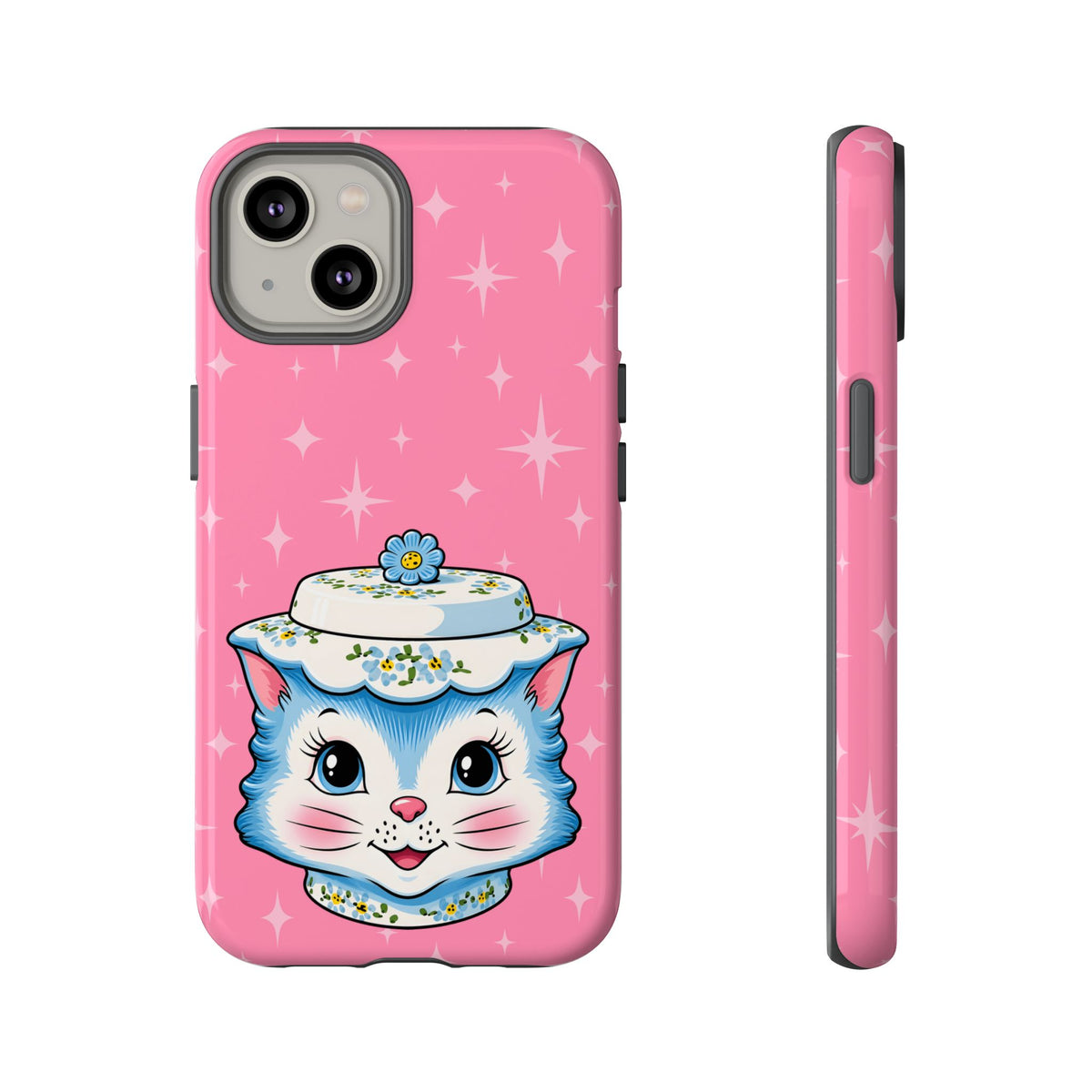 Mid Century Modern Kitschy Anthropomorphic Blue Cat with Floral Hat Tough Phone Case
