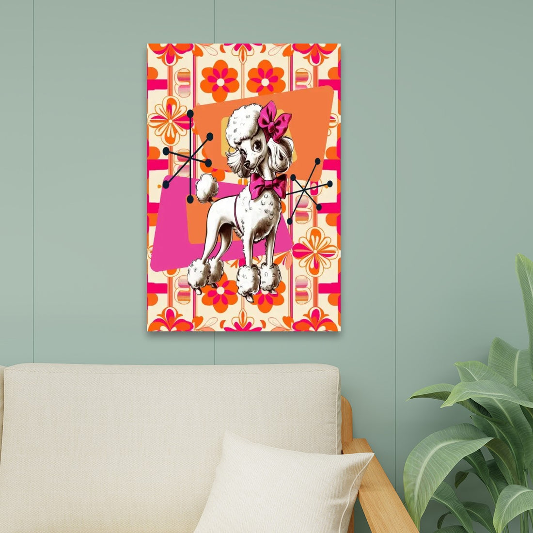 Atomic 50s Poodle Art, Hot Pink, Starburst Mid Century Modern Wall Art Canvas Print - Mid Century Modern Gal