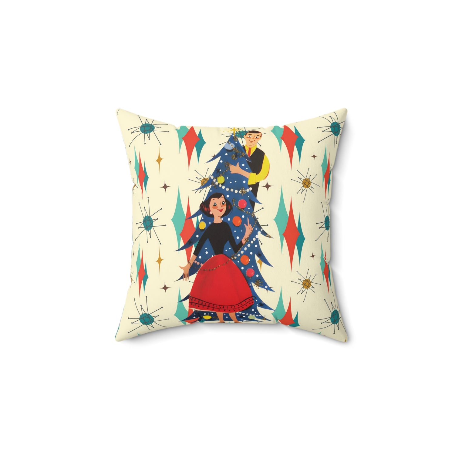 Mid Century Modern Franciscan Diamond Pattern, Kitschy 50s Christmas Couple Pillow And Insert