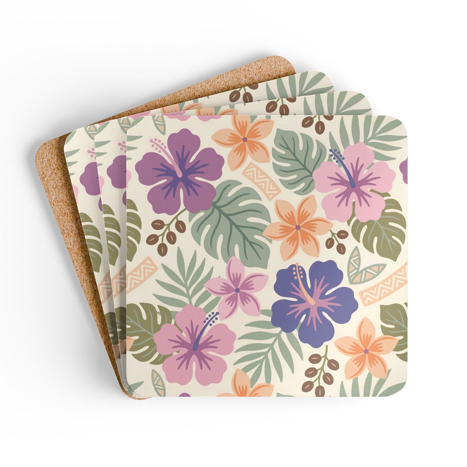 Retro Tropical Tiki Summer, Hawaiian Hibiscus Purple Corkwood Coaster Set - Mid Century Modern Gal