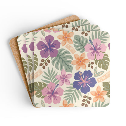Retro Tropical Tiki Summer, Hawaiian Hibiscus Purple Corkwood Coaster Set - Mid Century Modern Gal