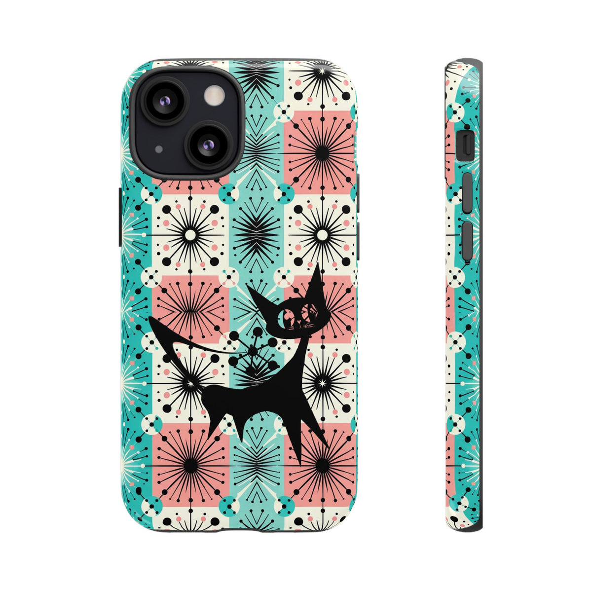 Atomic Kitschy Cat, Mid Century Modern Pink, Aqua Starbursts Tough Phone Case