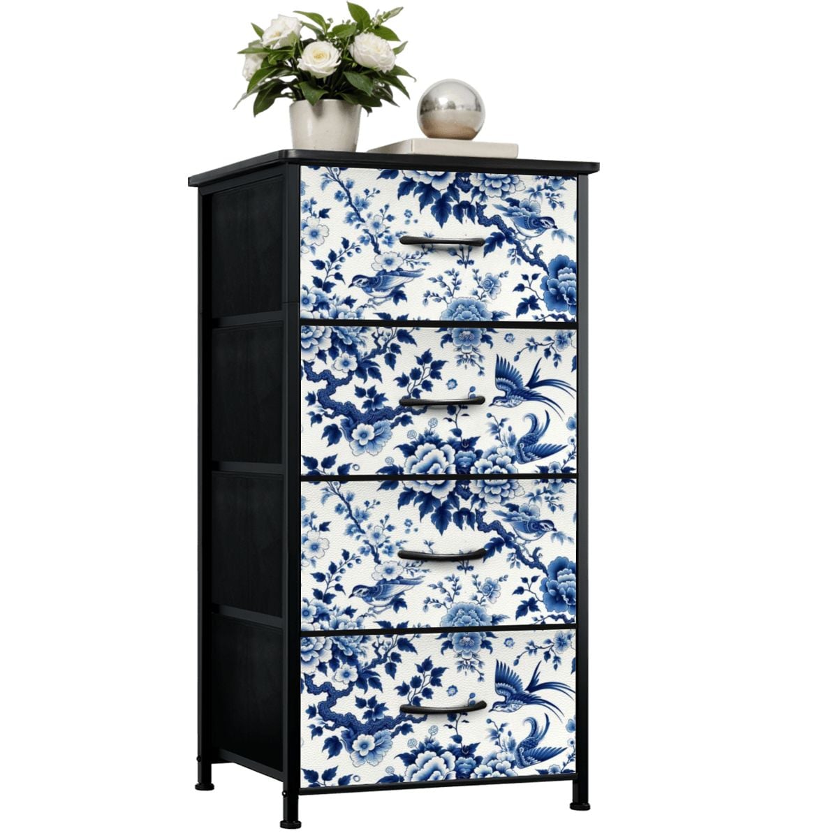 Chinoiserie Blue Floral Mid Century Modern 4-Drawer Dresser - Mid Century Modern Gal