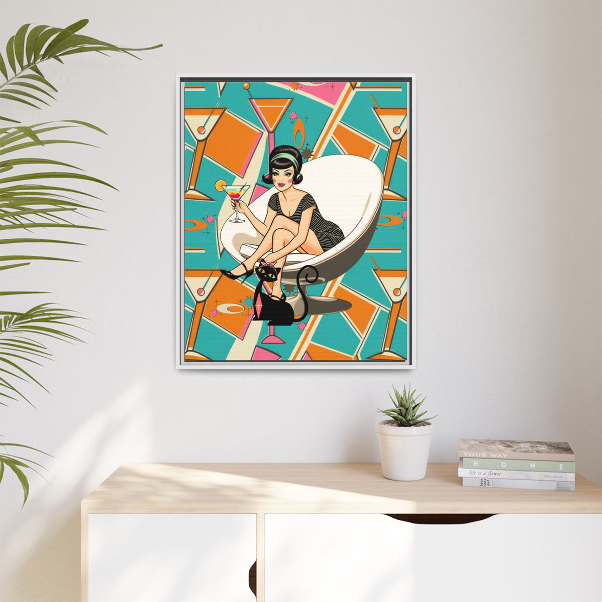 Mid Mod 60s Gal, Atomic Cat Barware Wall Art - Framed Matte Canvas with Vintage Cocktail And Retro Cat Design