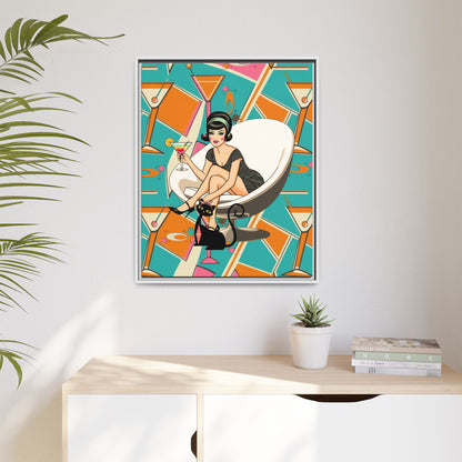 Mid Mod 60s Gal, Atomic Cat Barware Wall Art - Framed Matte Canvas with Vintage Cocktail And Retro Cat Design