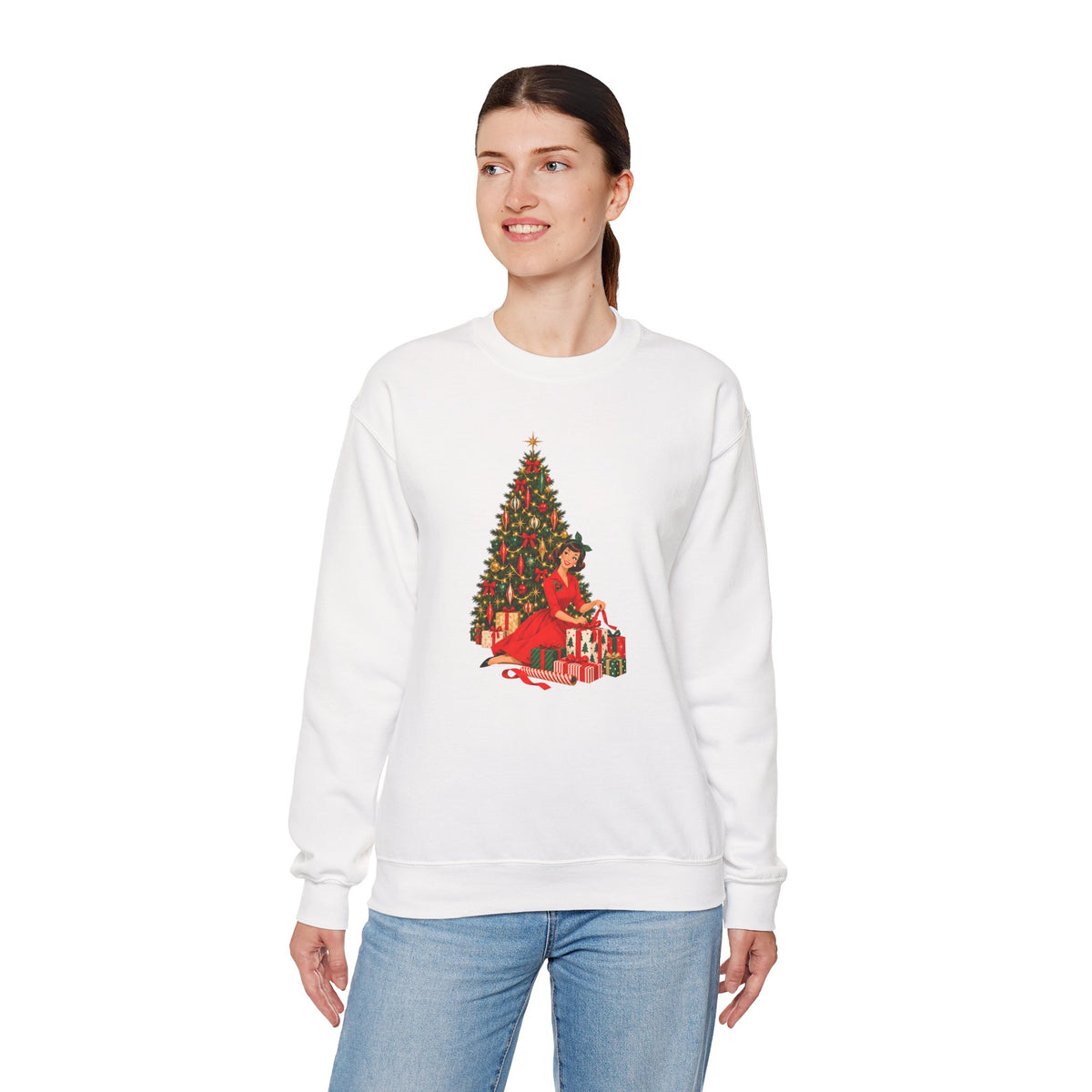 Mid Century Modern Christmas Glamour Gal Wrapping Presents by Tree Unisex Heavy Blend™ Crewneck Sweatshirt - Mid Century Modern Gal