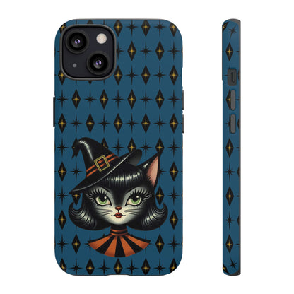 Vintage Halloween Black Cat Sexy Sexton Mid Century Modern Blue Tough Phone Case