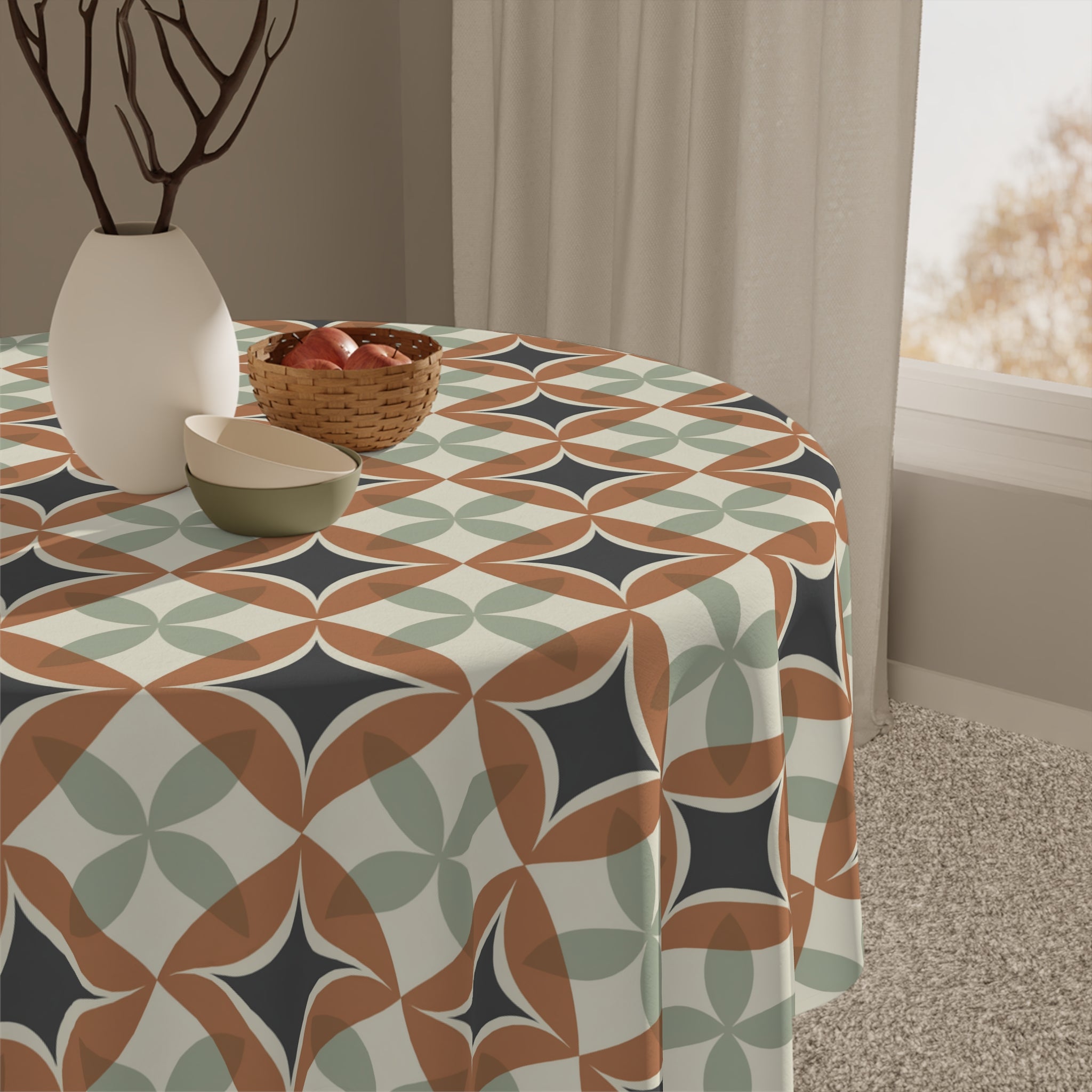 Mid Century Modern Interlocking Geometric, Terracotta Sage Charcoal Tablecloth - Mid Century Modern Gal