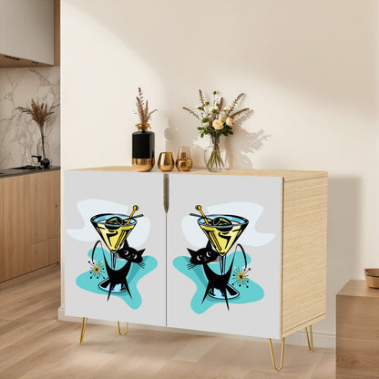 Mid Century Modern Credenza Sideboard, Atomic Martini Cat, Retro Mod Wooden Storage Cabinet - Mid Century Modern Gal