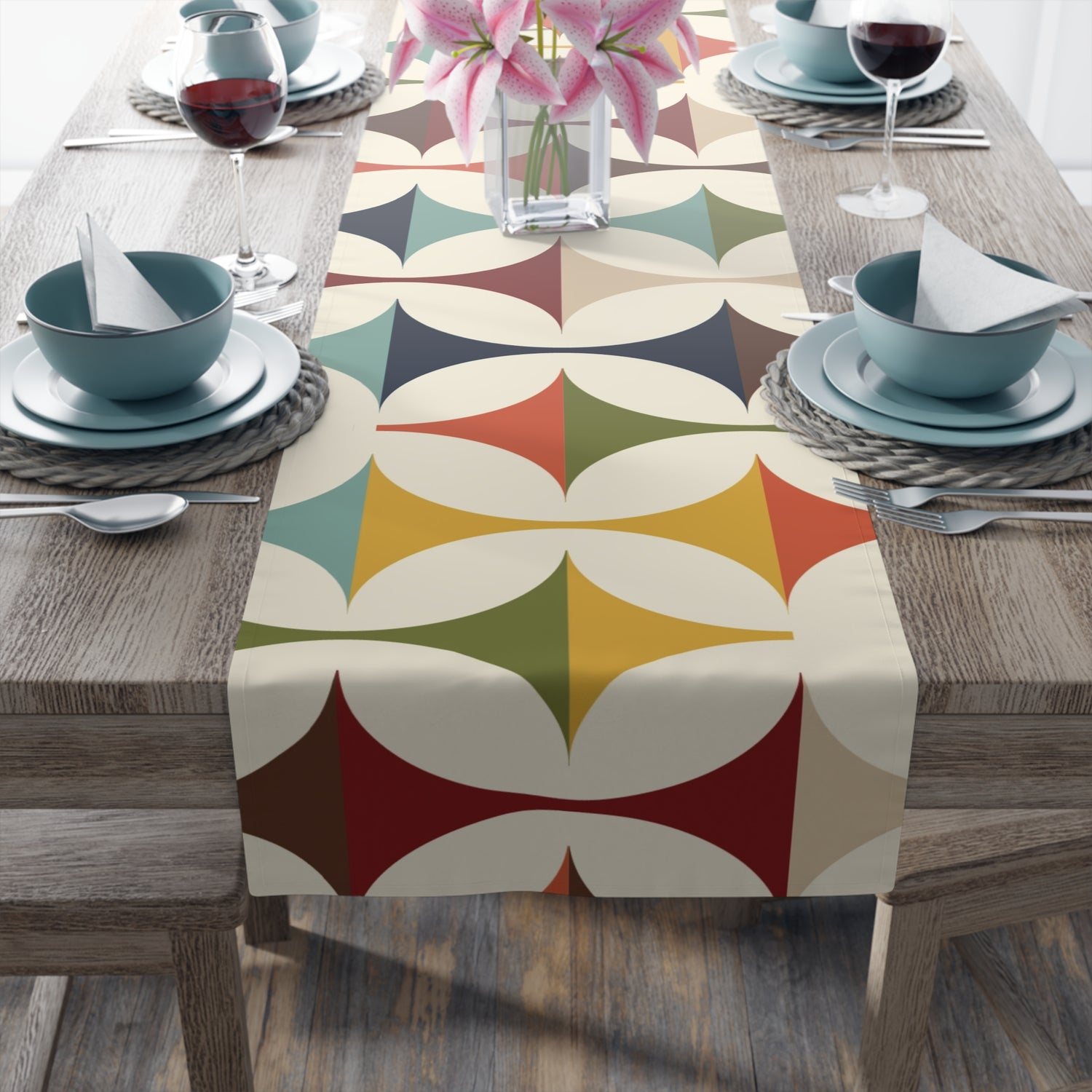 Mid Century Modern Table Runner, Retro Scandinavian Modern Danish Geometric Design, Green, Brown, Beige, Yellow, Teal, MCM - Mid Century Modern Gal