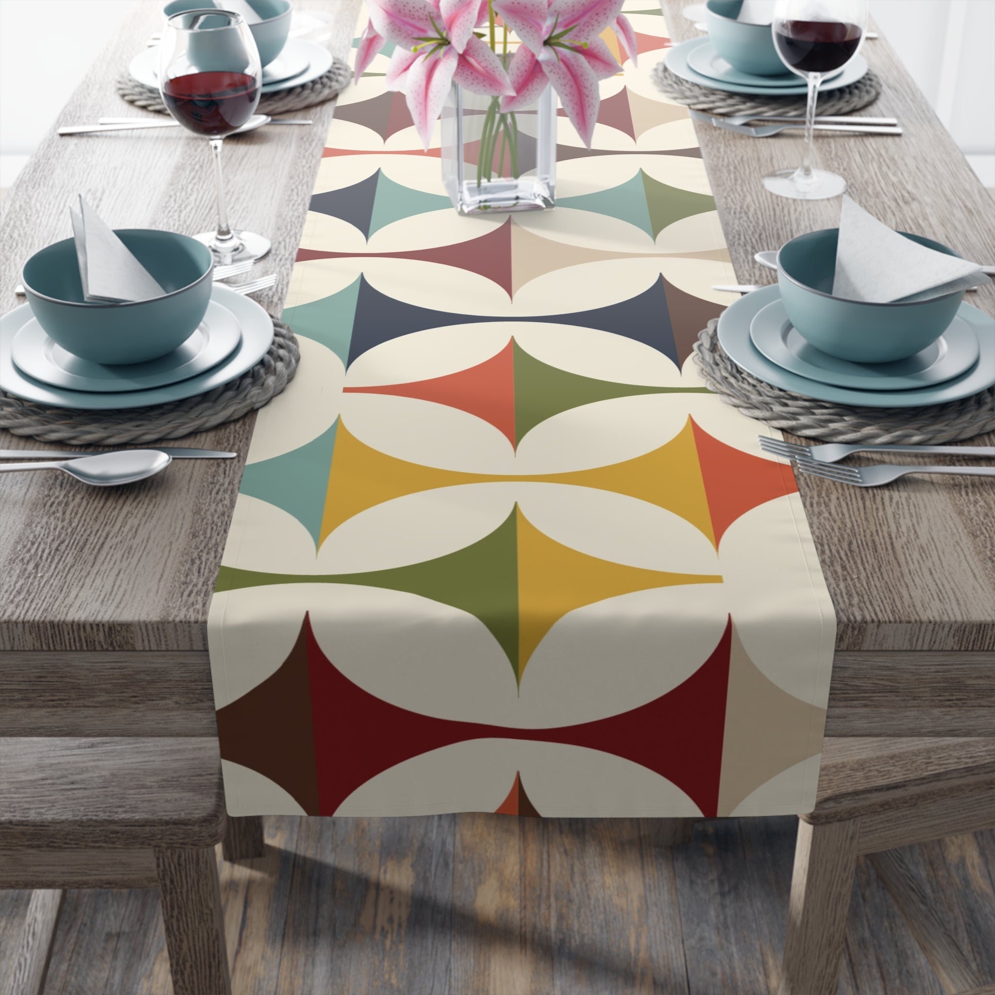 Mid Century Modern Table Runner, Retro Scandinavian Modern Danish Geometric Design, Green, Brown, Beige, Yellow, Teal, MCM - Mid Century Modern Gal