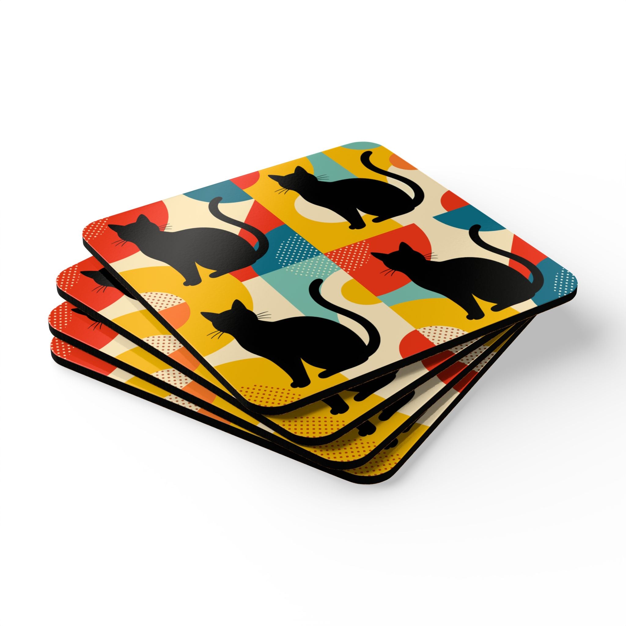 Pop Art Black Atomic Cats Corkwood Coaster Set - Mid Century Modern Gal