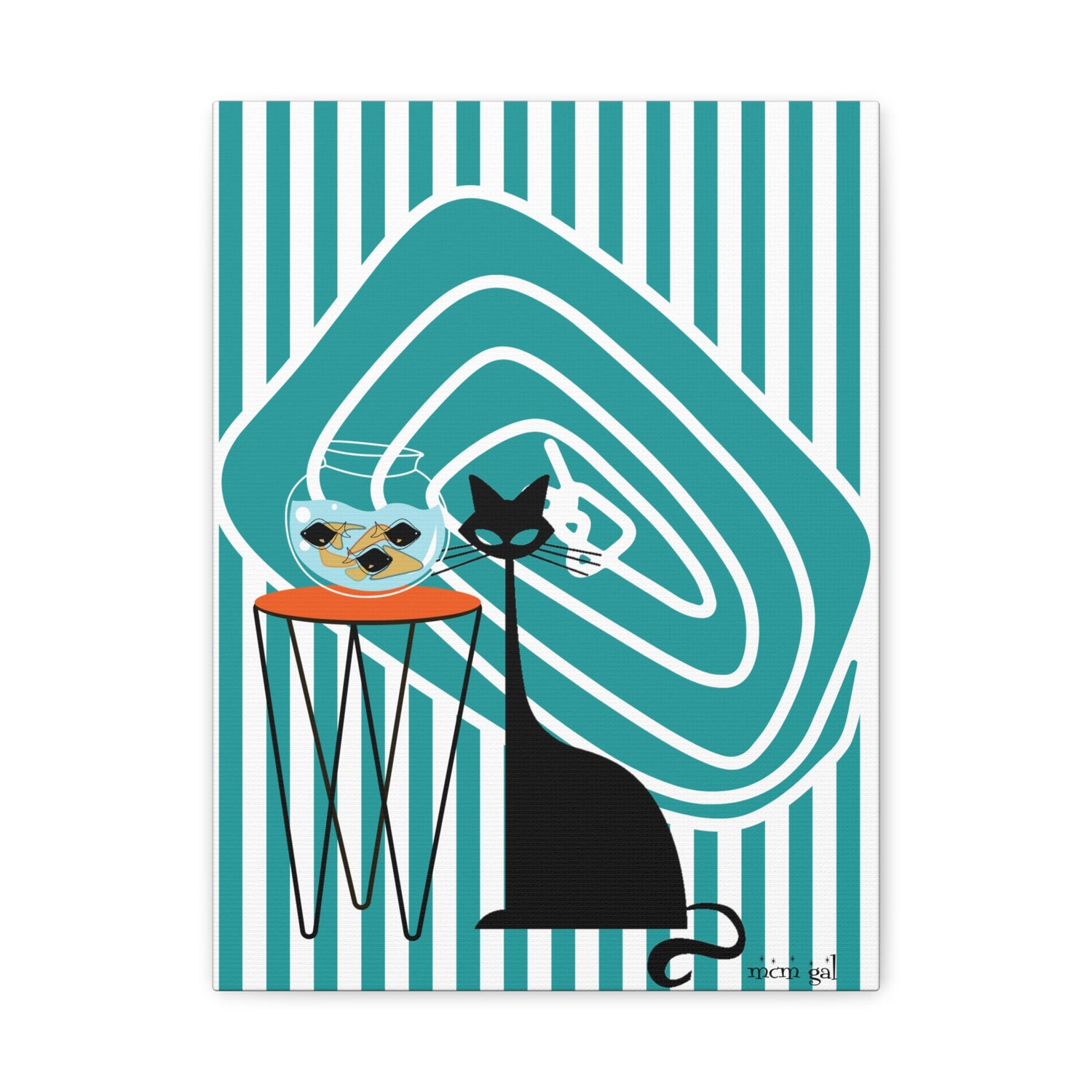 Atomic Fish Art, Mid Century Modern Striped, Teal Kitschy Cat Art - Mid Century Modern Gal