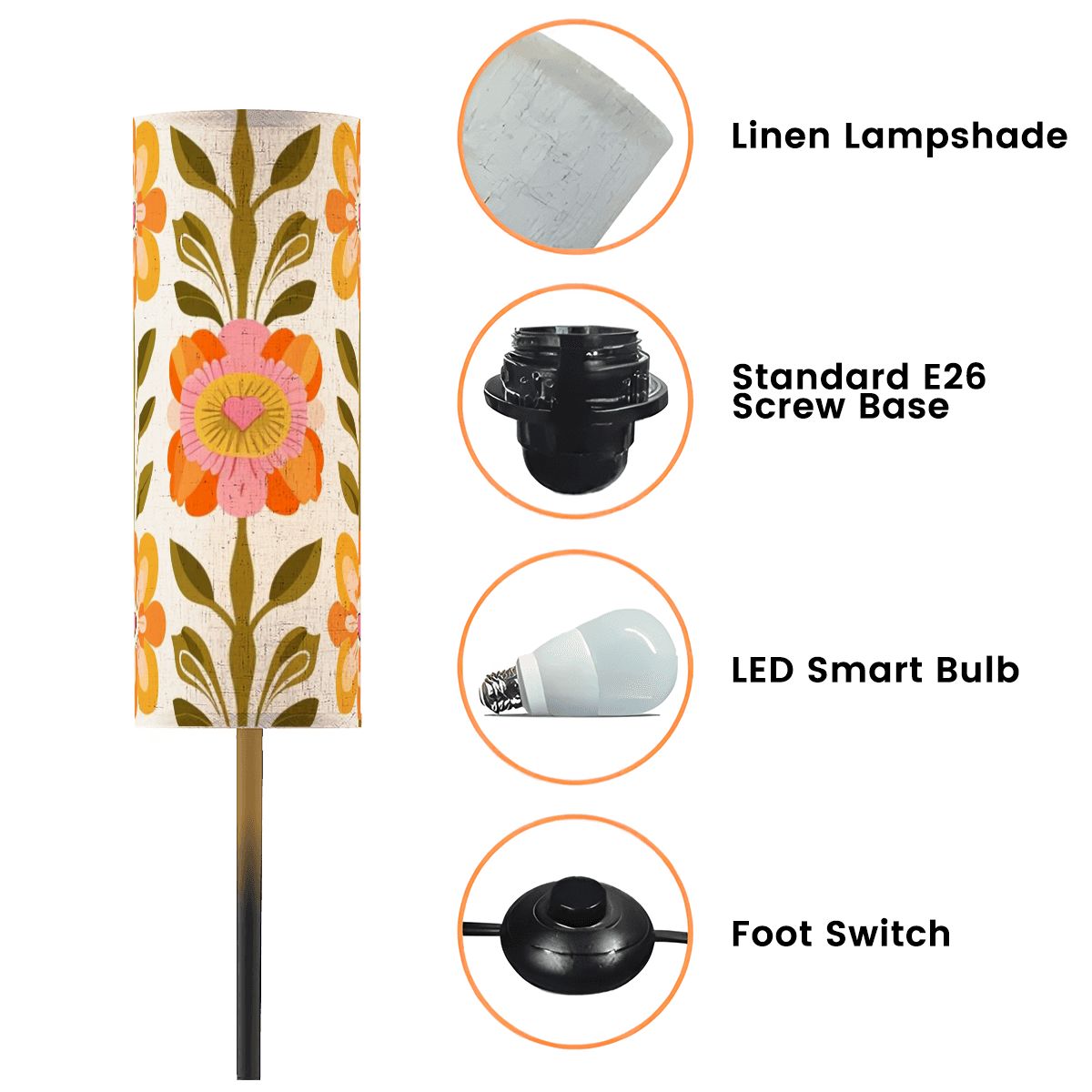 Scandinavian Mid Mod Floral Danish Orange Green Yellow Retro Slim Floor Lamp - Mid Century Modern Gal