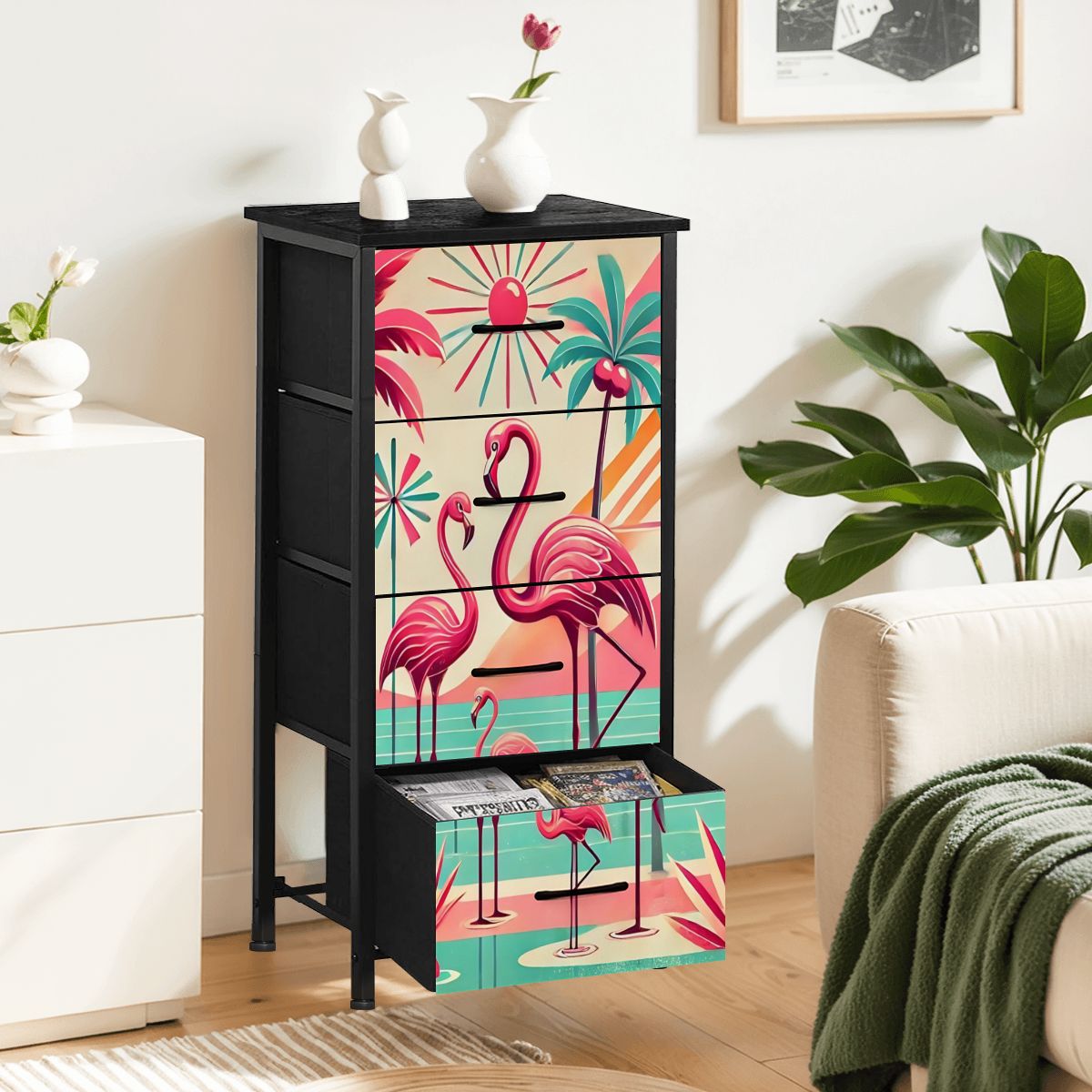 1950s Mid Century Modern Flamingo Art, Kitschy Pink, Teal, MCM 4-Drawer  Dresser