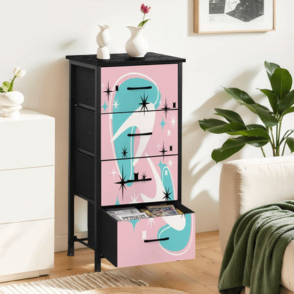 Atomic Starbursts and Boomerangs, Pink Aqua White Mid Century Modern 4-Drawer Dresser - Mid Century Modern Gal
