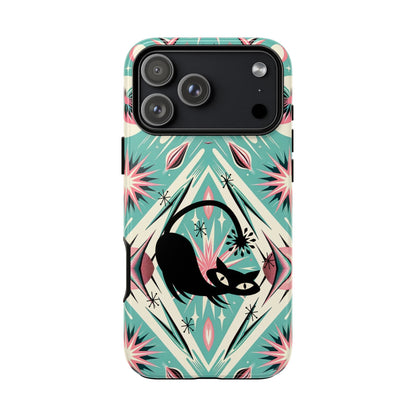 Atomic Cat, Mid Century Modern Aqua Blue, Pink, Starbursts Tough Phone Case