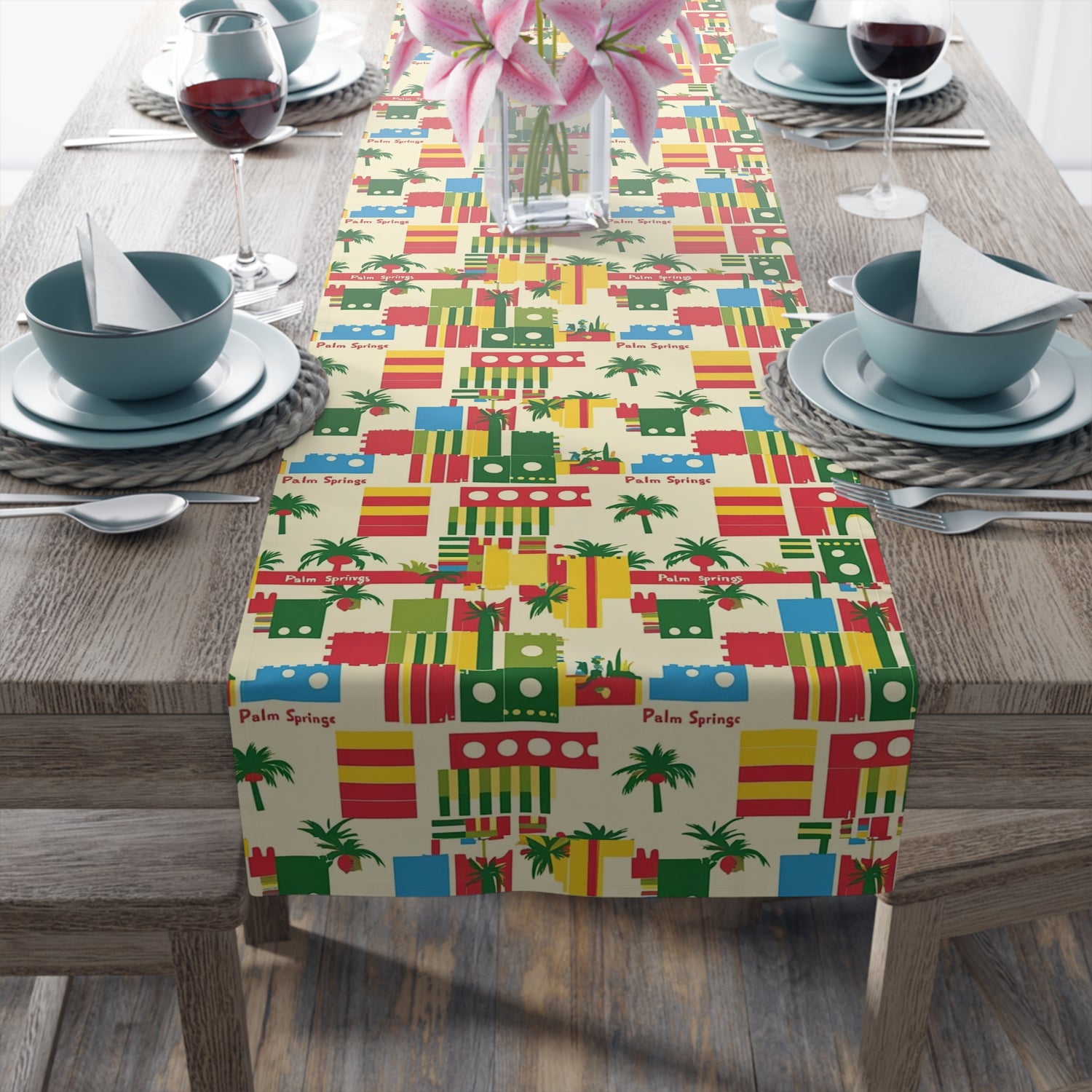 Tropical Palms Spring California Paradise Table Runner - Bright Cotton &amp; Poly Design for Summer Dining - Mid Century Modern Gal