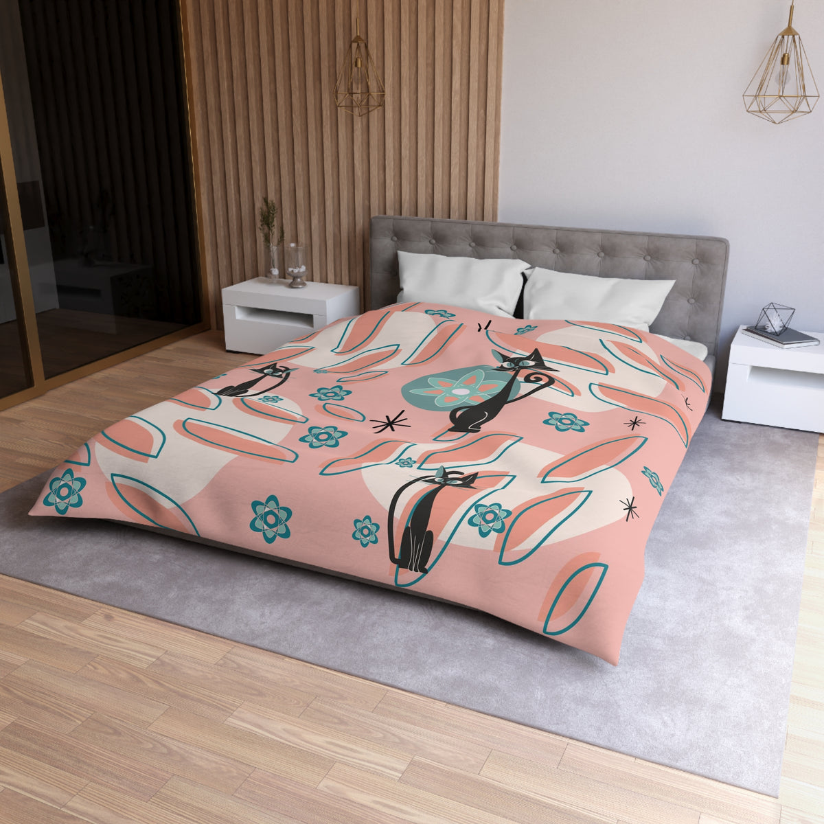 Atomic Cat Mid Century Modern Bedding, Coral Peach, Kitschy Abstract, Atomic Space, MCM Kitschy 50s Duvet Cover - Mid Century Modern Gal