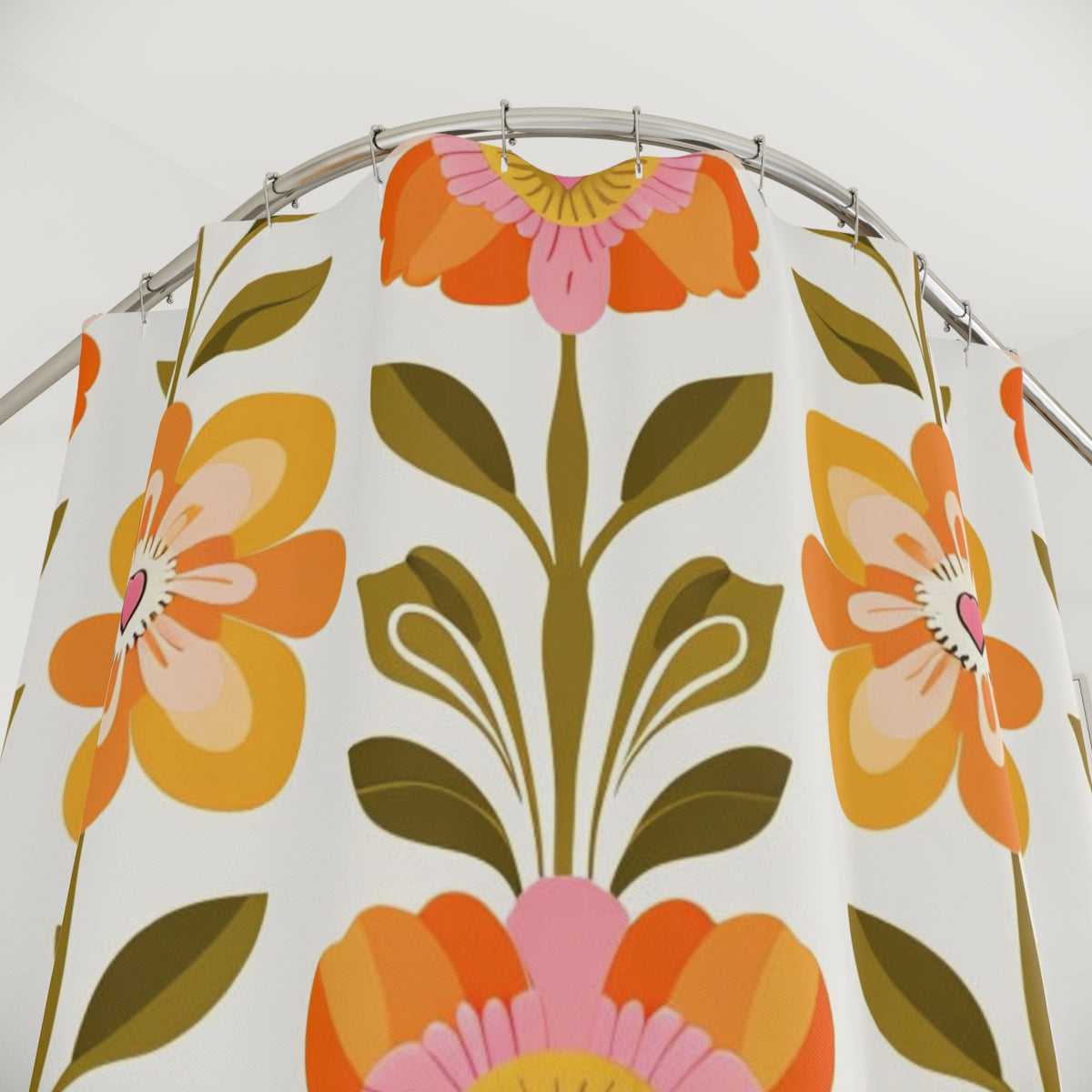 Scandinavian Floral Modern Danish Orange Yellow Green Boho Floral Shower Curtain - Mid Century Modern Gal
