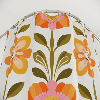 Scandinavian Floral Modern Danish Orange Yellow Green Boho Floral Shower Curtain - Mid Century Modern Gal
