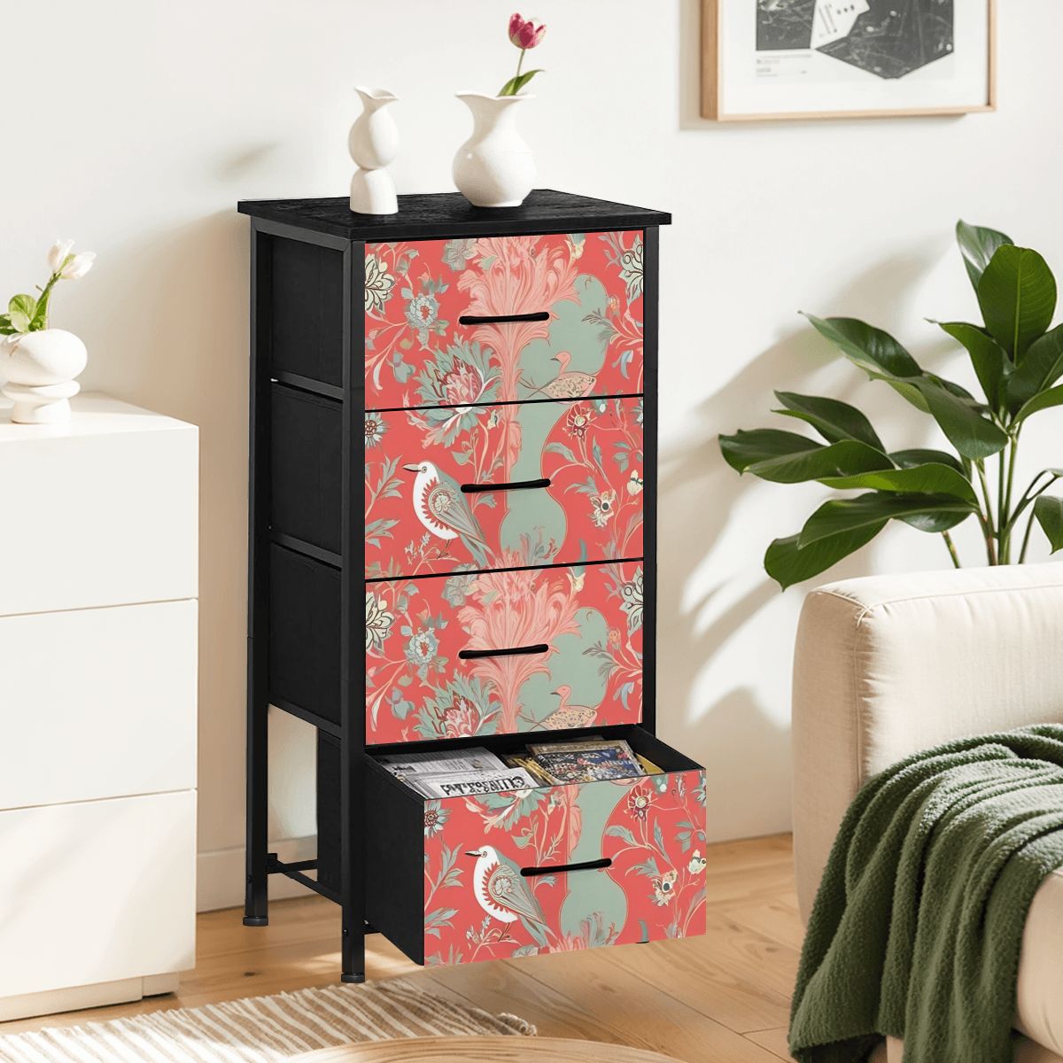 Chinoiserie Botanical Floral Coral, Mint Green Bohemian Floral 4-Drawer Dresser - Mid Century Modern Gal