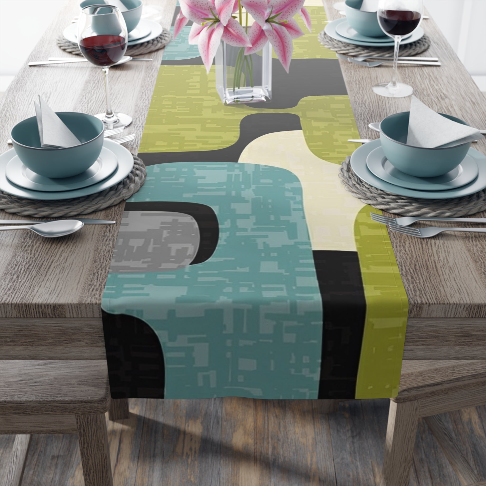 Mid Century Modern Table Runner, Geo Pattern, Black, Gray, Green Aqua Mod Table Setting - Mid Century Modern Gal