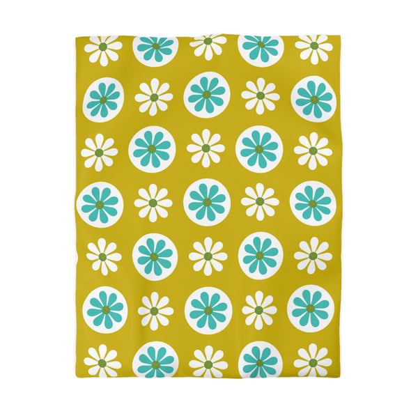 1970's Modern Daisy Retro Floral Flower White, Turquoise Blue, Lime Green Mid Century MCM Home Microfiber Duvet Cover
