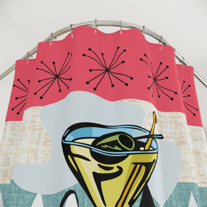 Atomic Cat, Martini Tini Time Kitschy Coral, Teal Atomic Starbursts Retro Cocktail Shower Curtain – Fun Mid-Century Design for Home Decor - Mid Century Modern Gal